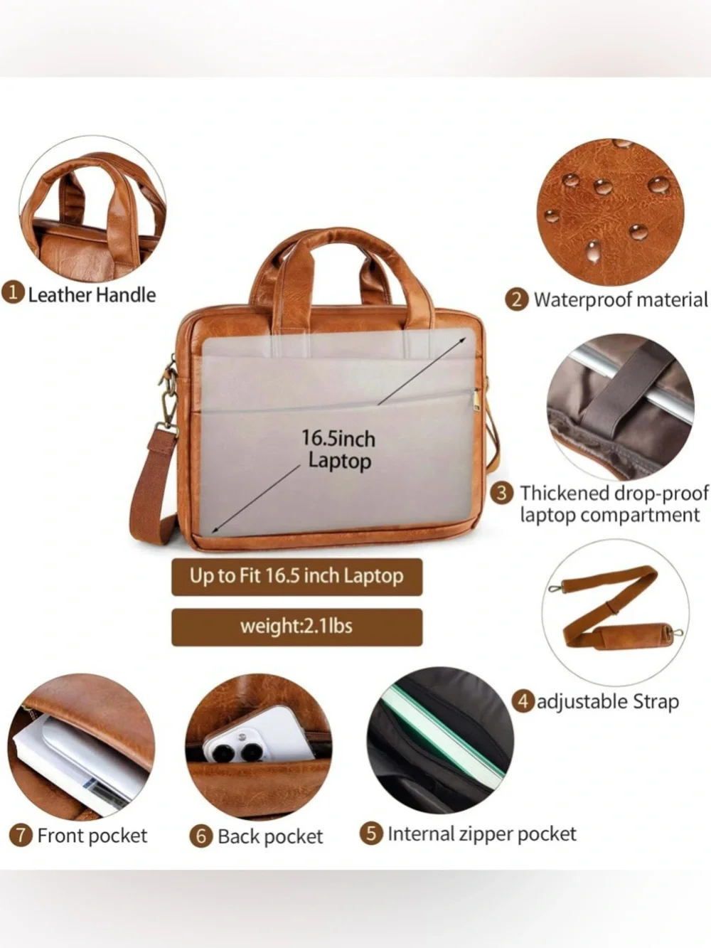 Men's Tan PU Leather Briefcase Laptop Bag